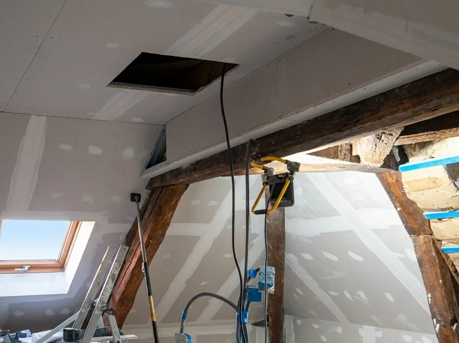 Chantier de rénovation combles, pose de plaques de plâtre (BA13) sur ossature métallique