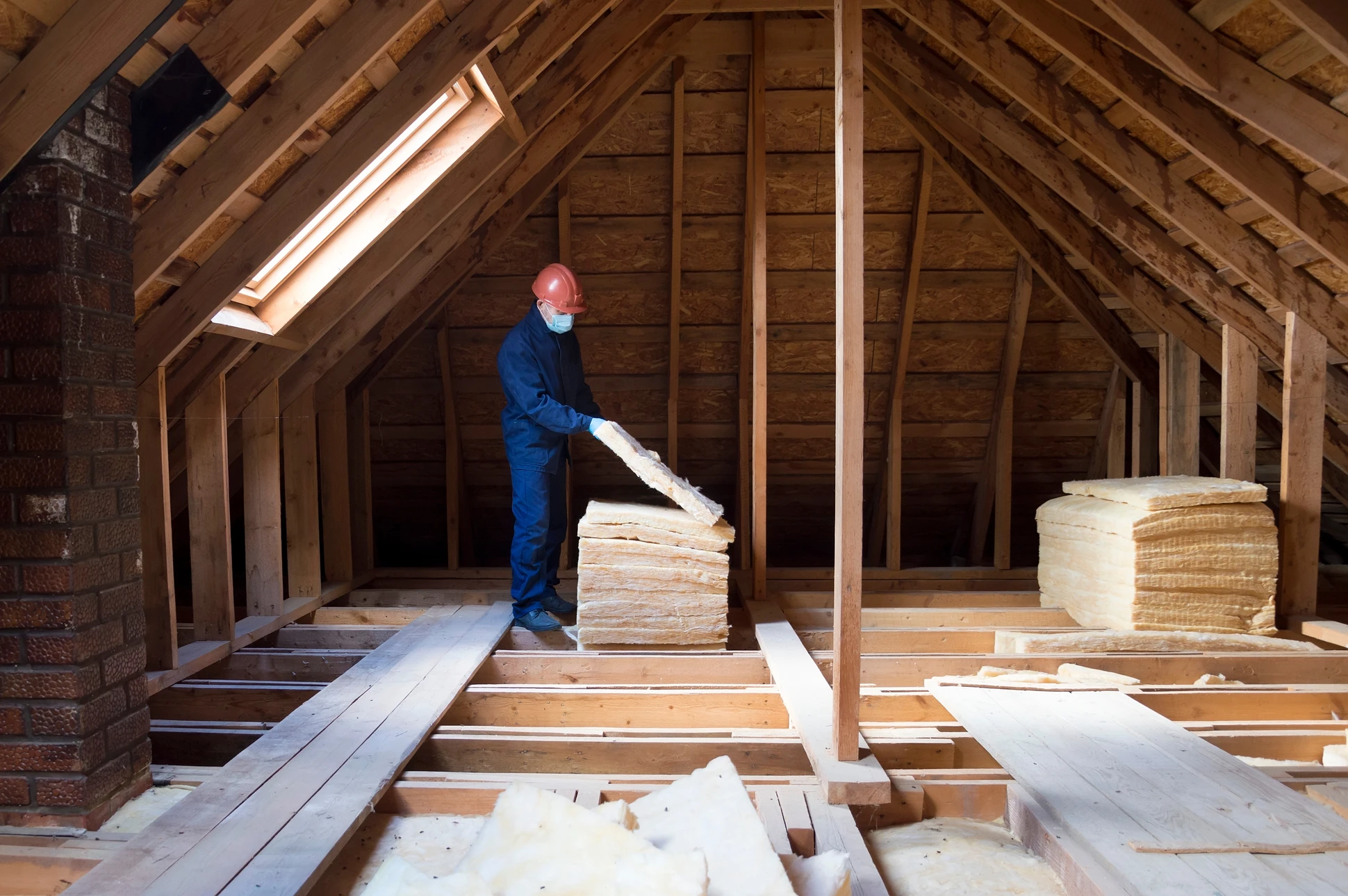 Le travailleur avec un tuyau vaporise l'isolation de l'&eacute;co-huile dans le grenier d'une maison