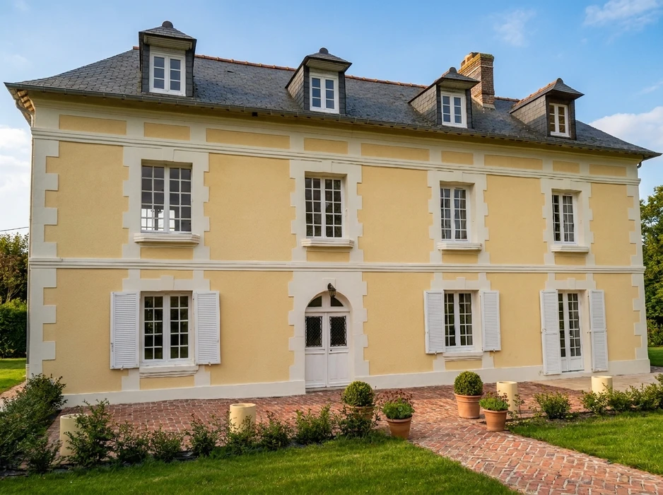 Ouvrier appliquant un enduit sur mur extérieur blanc à l'aide d'une taloche, vêtu d'une chemise bleue tachée de plâtre