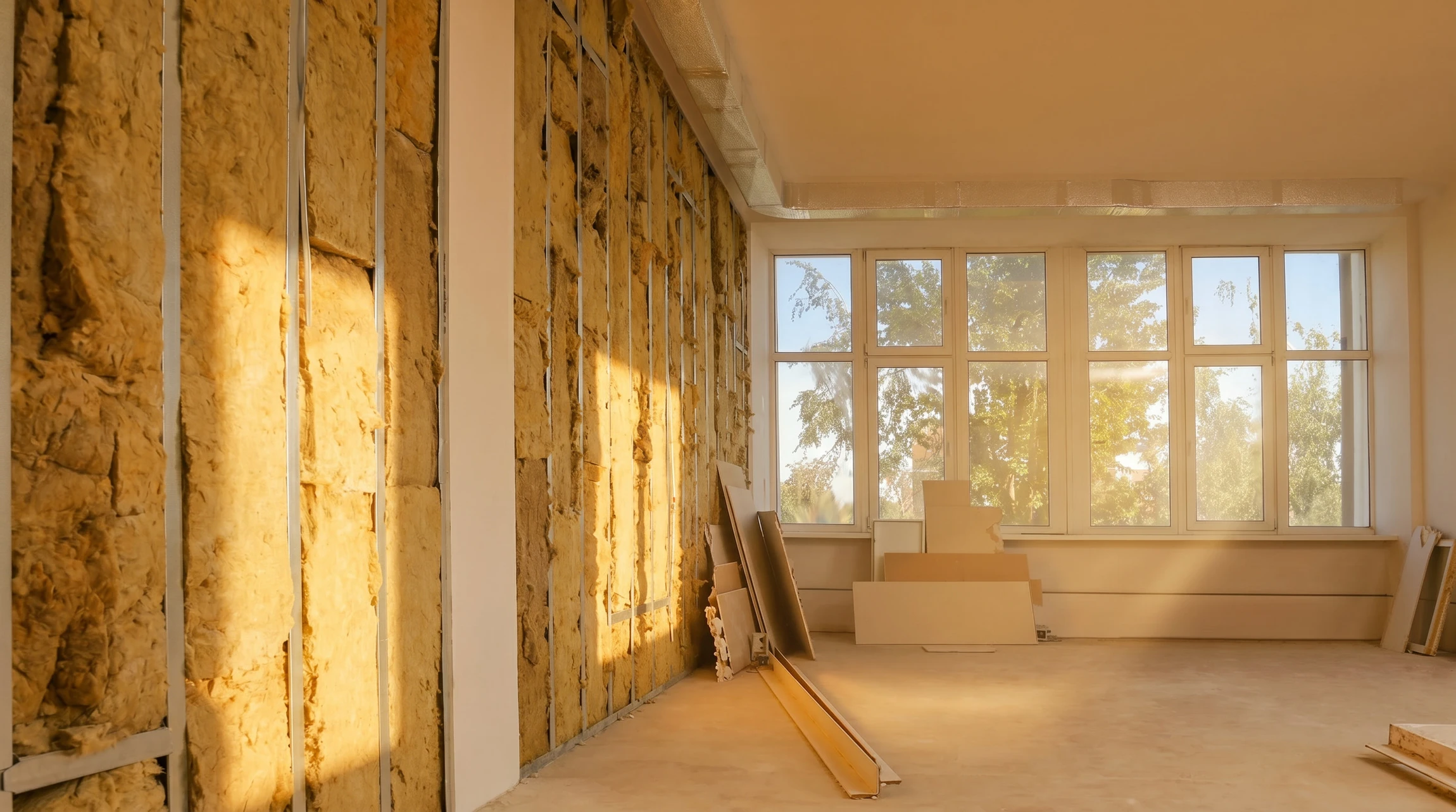 Chantier de construction intérieur avec isolation thermique en cours